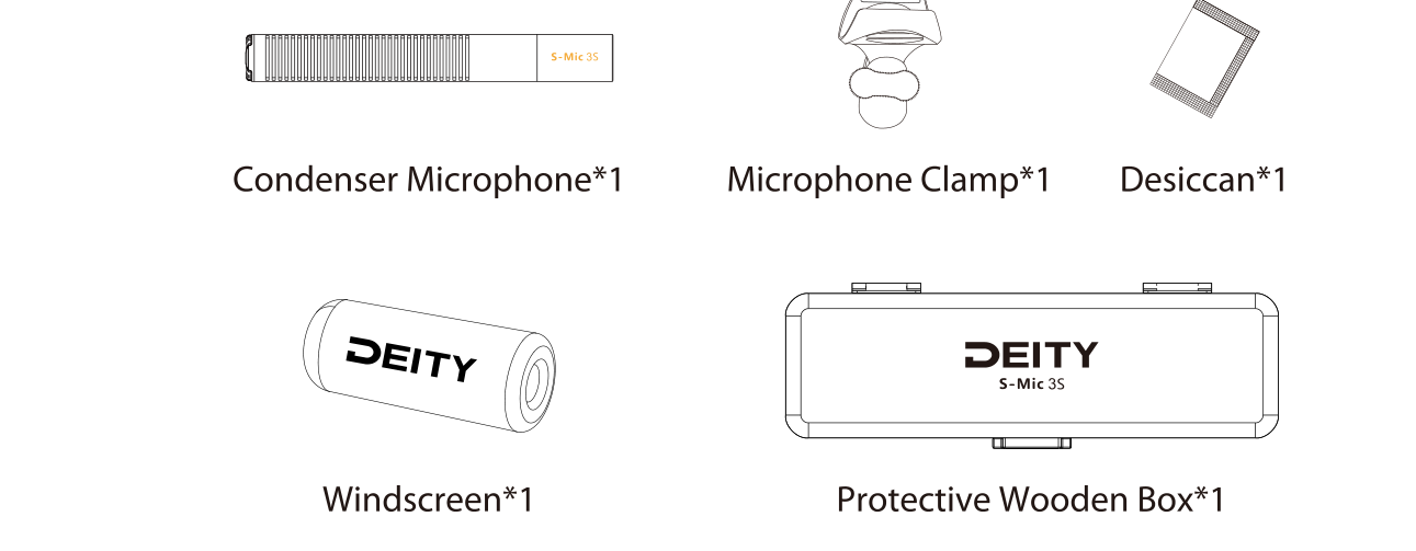 S-Mic 3S package contents: condenser microphone, microphone clamp, desiccant, windscreen, and protective wooden box