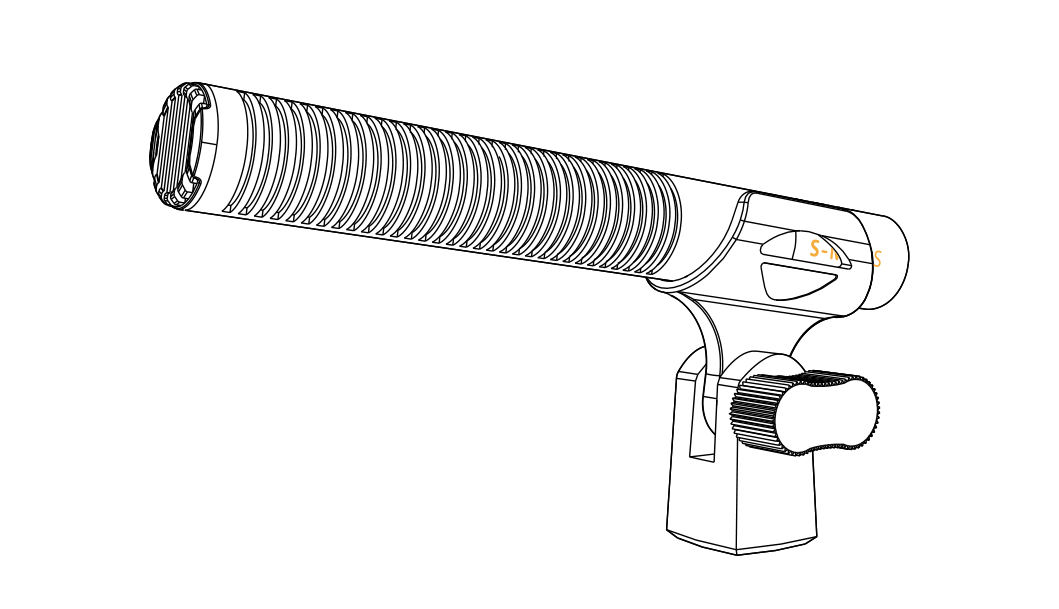DEITY S-Mic 3S short shotgun condenser microphone in its included microphone clamp