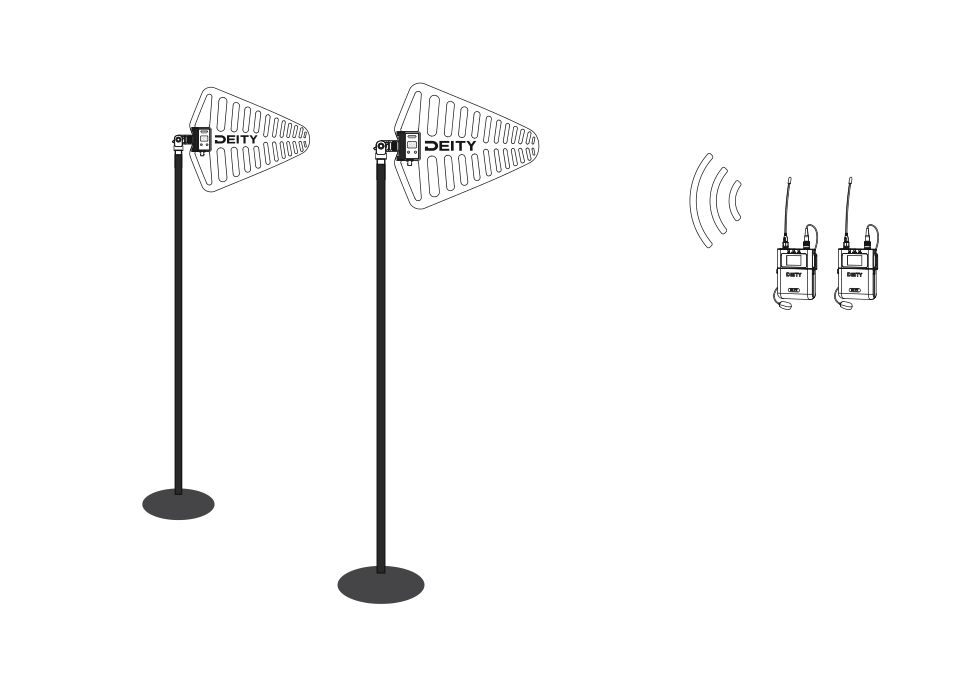 Two SF1 antennas on stands aimed toward bodypack transmitters