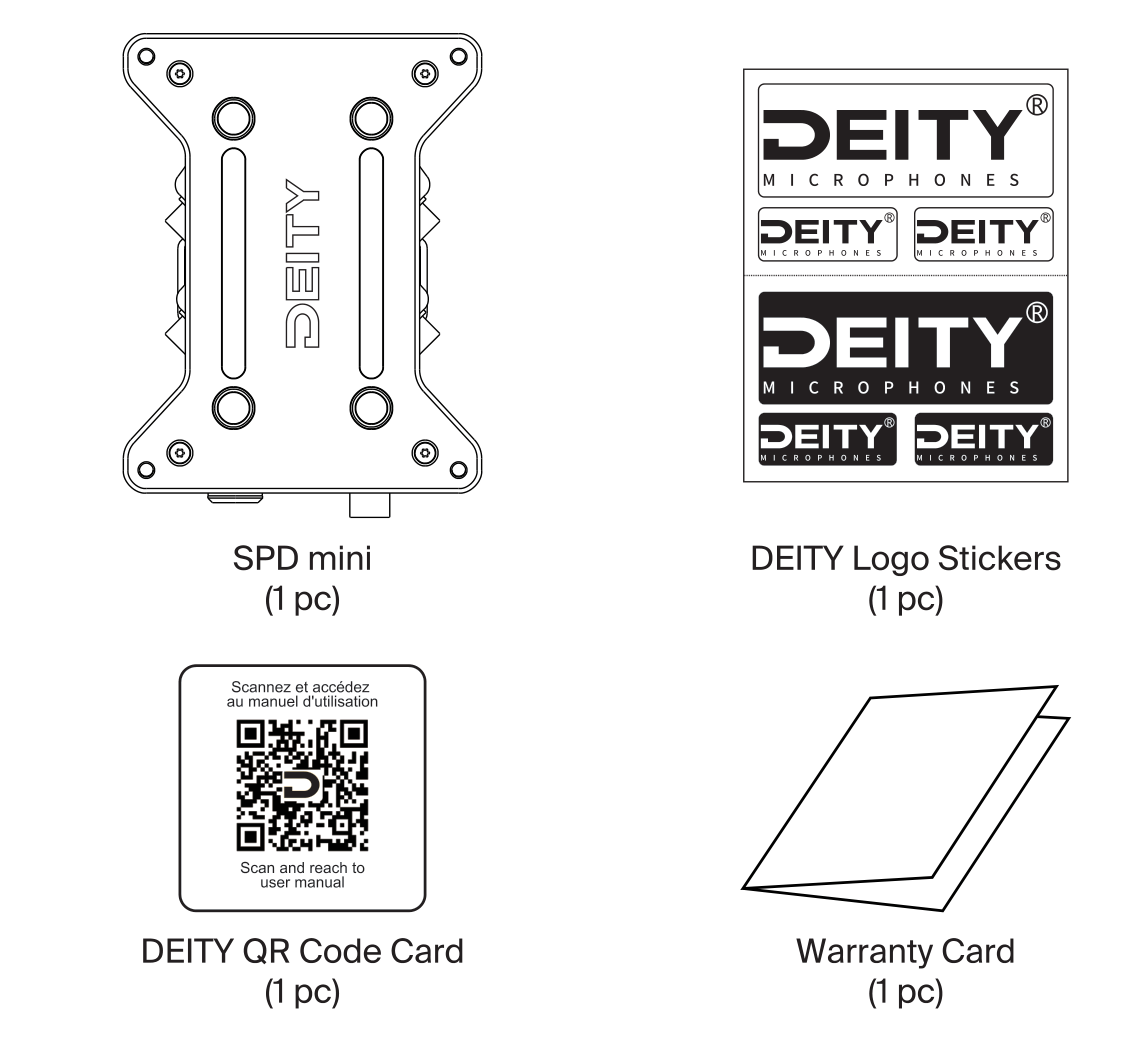 SPD mini box contents: the SPD mini unit, DEITY logo stickers, DEITY QR code card, and warranty card