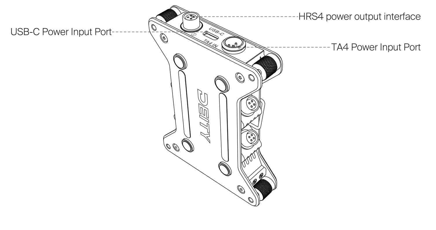 SPD mini input edge with USB-C power input port, HRS4 power output interface, and TA4 power input port labeled