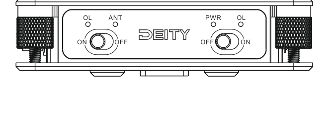 SRD mini top panel with the active antenna power switch and OL/ANT LEDs on the left, and the power switch with PWR/OL LEDs on the right