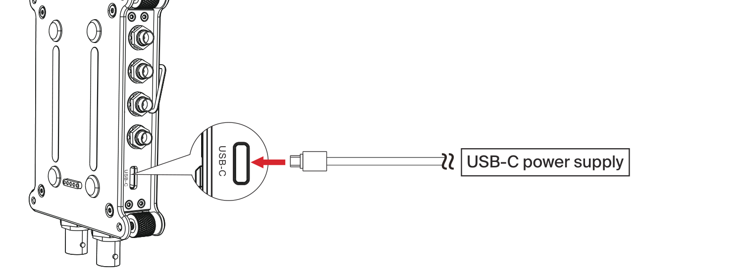 Connecting a USB-C power cable to the USB-C port on the side of the SRD mini