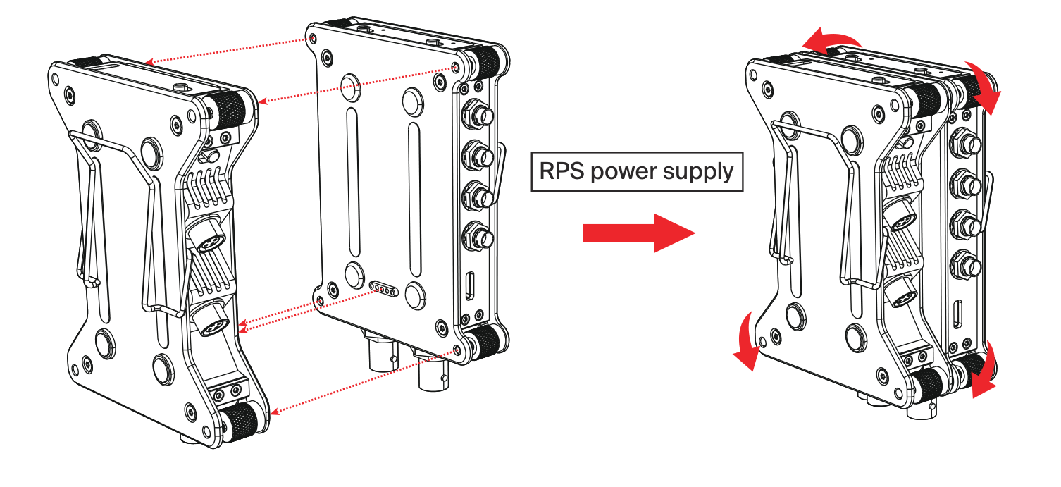 Stacking the SRD mini onto an SPD mini power distributor and locking the four corner screws to draw power through the RPS interface