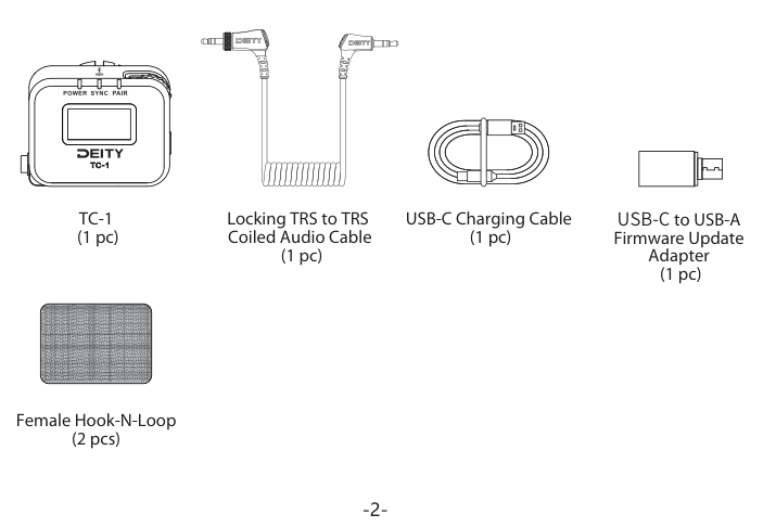 TC-1 single package contents: TC-1 unit, locking TRS to TRS coiled audio cable, USB-C charging cable, USB-C to USB-A firmware update adapter, female hook-and-loop pads