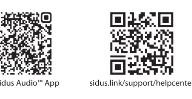 QR codes to download the Sidus Audio app and to visit the Sidus support help center