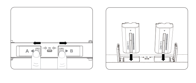 TC-SL1 A and B battery compartment sliders and inserting NP-F batteries