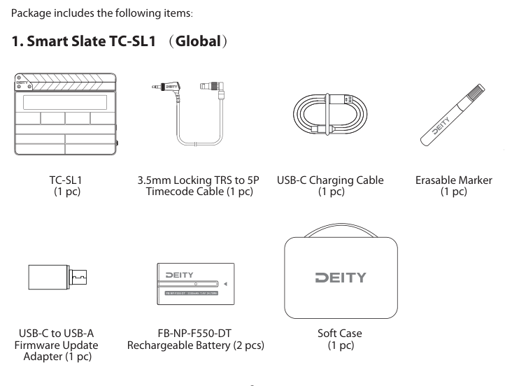 TC-SL1 Global version packing list: slate, timecode cable, USB-C cable, erasable marker, firmware adapter, two batteries, soft case
