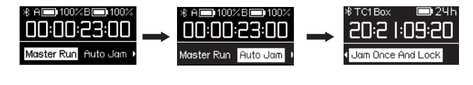 TC-SL1 rear screen showing Master Run, Auto Jam, and Jam Once And Lock mode options
