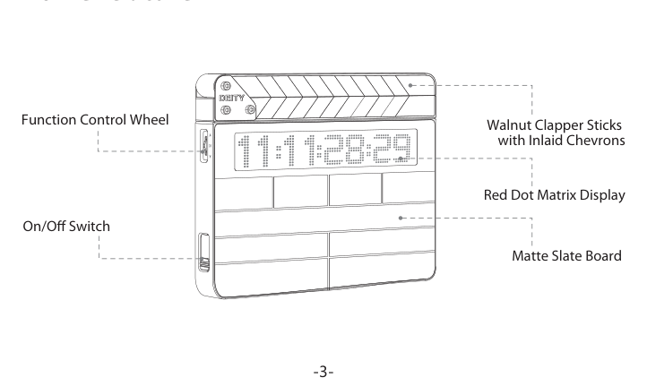 TC-SL1 front: Function Control Wheel, On/Off Switch, walnut clapper sticks, red dot matrix display, matte slate board