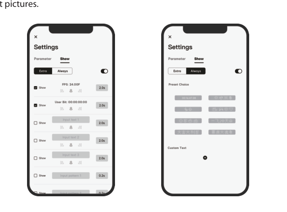 Sidus Audio app Show settings with Extra and Always tabs, FPS, User Bit, custom text, and preset picture options