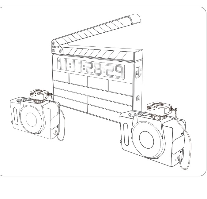 TC-SL1 smart slate clapping in front of two cameras, illustrating the Deity timecode workflow