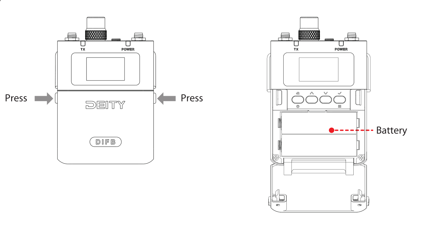 THEOS DIFB battery installation: press the lock knobs on both sides, open the cover, and insert two AA batteries in the correct direction