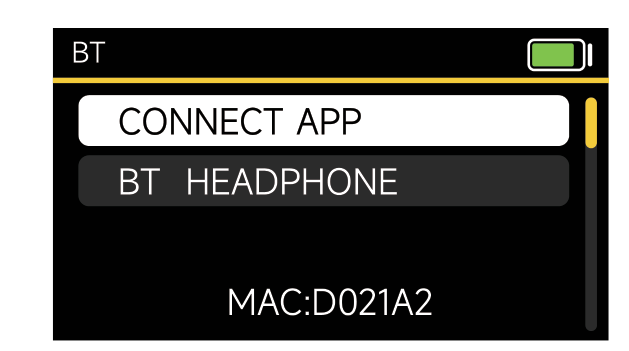 THEOS DIFB BT menu showing CONNECT APP, BT HEADPHONE, and the device MAC address