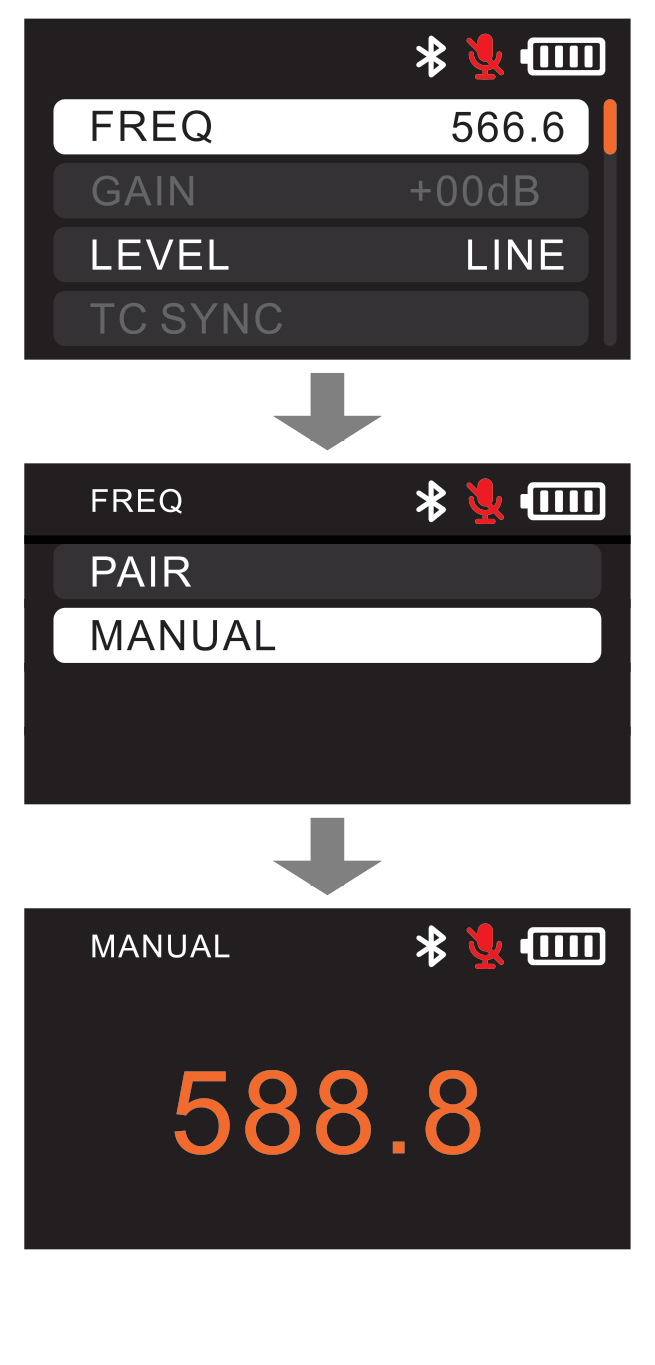 DBTX menu flow: FREQ then MANUAL then the large frequency readout at 588.8