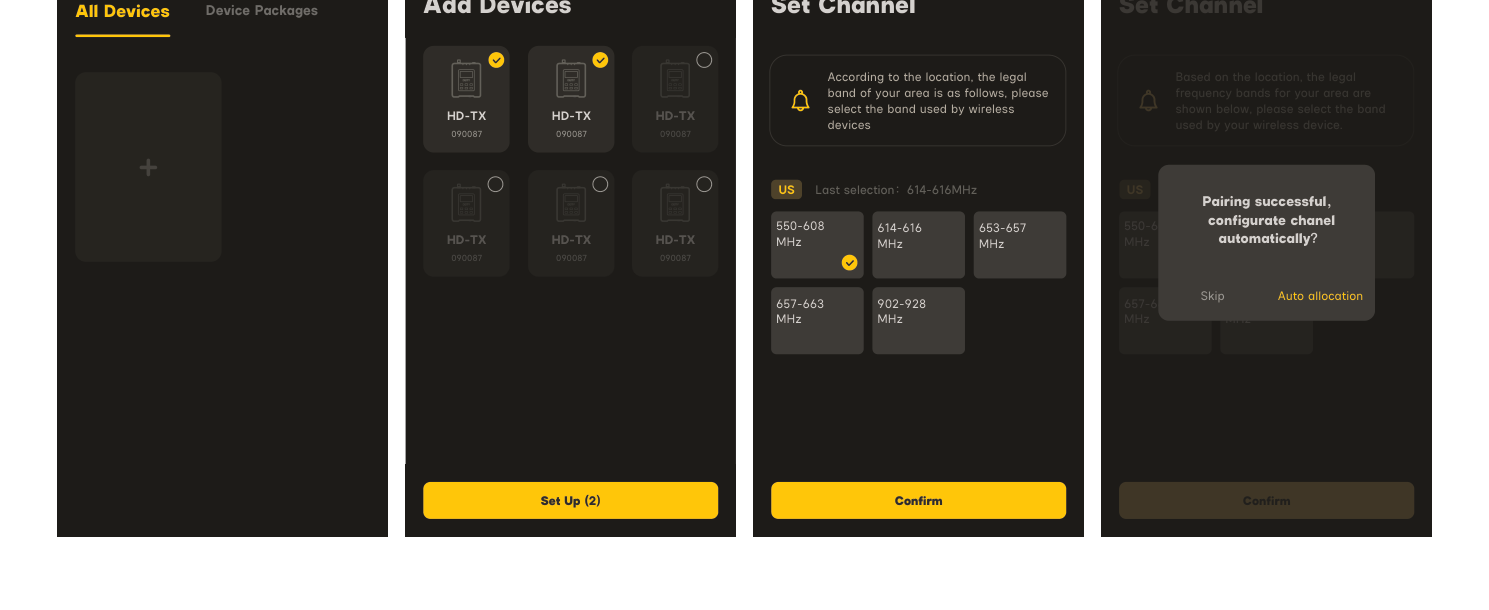 Sidus Audio app activation flow: Add Devices, Set Channel, Auto allocation, Pairing successful