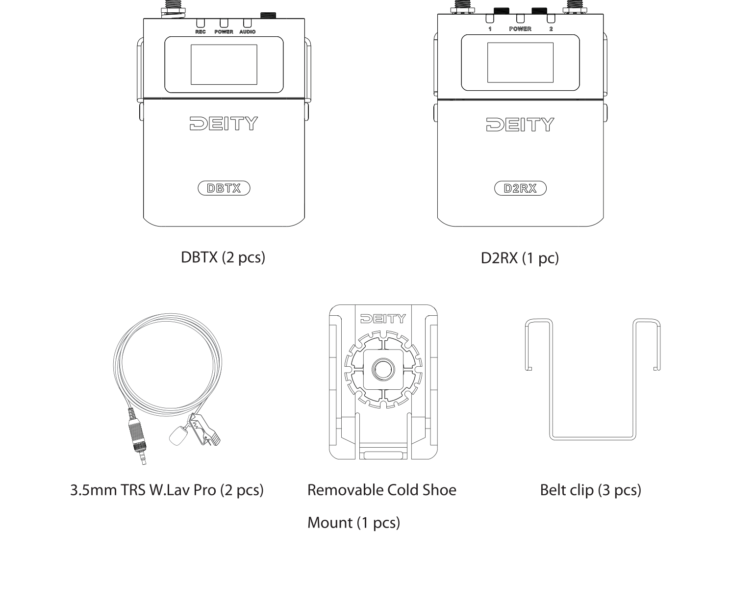 THEOS 2-Channel Kit box contents: DBTX transmitters, D2RX receiver, lavalier mics, cold shoe mount, belt clips