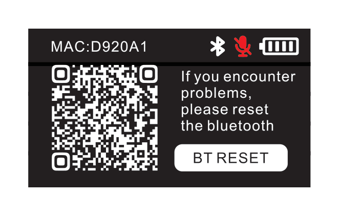 THEOS device screen showing QR code and BT RESET option