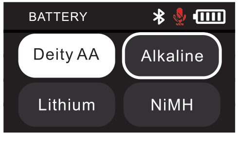 D2RX BATTERY screen with Deity AA, Alkaline, Lithium, and NiMH options