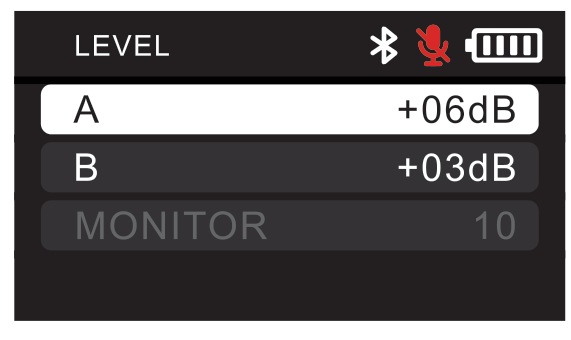 D2RX LEVEL screen showing A at +06dB, B at +03dB, and MONITOR grayed out at 10