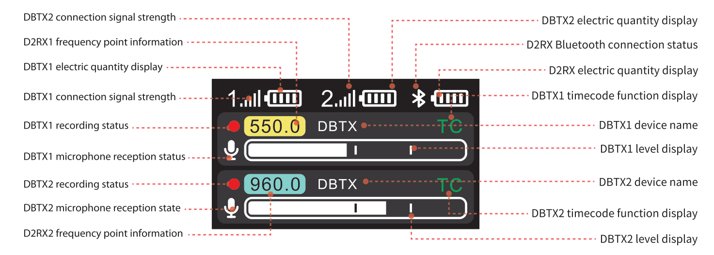 D2RX main screen with labels for connection signal strength, frequency point, battery, Bluetooth, recording status, microphone reception, device name, timecode, and level display for both channels
