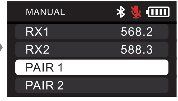 D2RX MANUAL screen showing RX1 568.2, RX2 588.3, PAIR 1, and PAIR 2