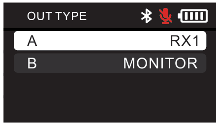 D2RX OUT TYPE screen with channel A set to RX1 and channel B set to MONITOR