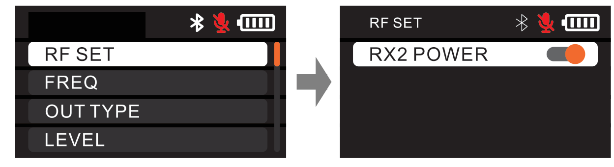 D2RX menu highlighting RF SET, and the RF SET screen with an RX2 POWER toggle
