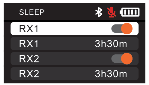 D2RX SLEEP screen with RX1 and RX2 toggles and 3h30m sleep timers