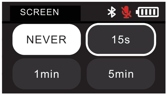 D2RX SYSTEM SCREEN timeout options: NEVER, 15s, 1min, and 5min