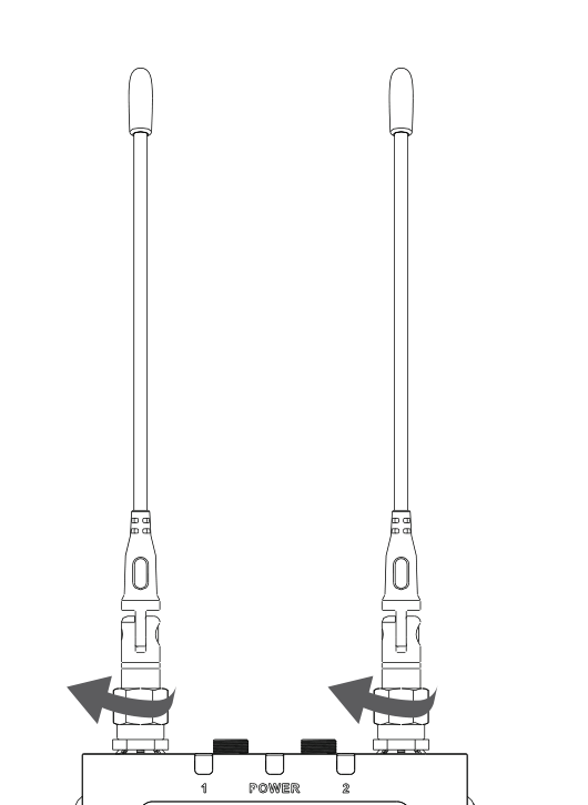 Two SMA elbow antennas screwing into the antenna sockets on top of the D2RX