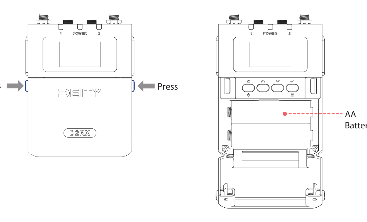 Pressing the battery compartment lock knobs on both sides of the D2RX and installing two AA batteries