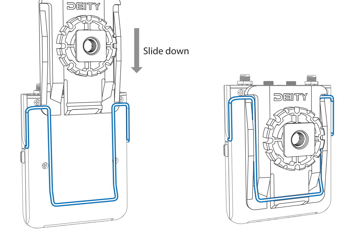 Sliding the removable cold shoe mount down into the back clip until it clicks into place