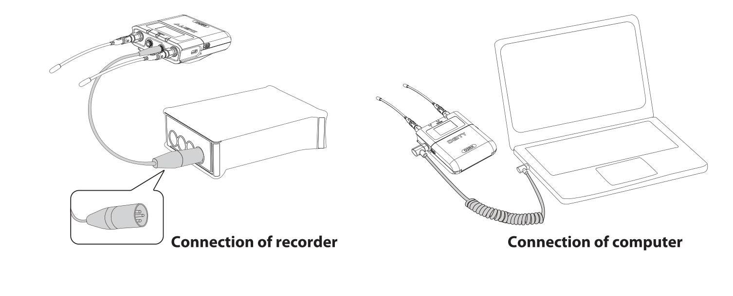 D2RX connected to an audio recorder via XLR and to a computer via USB-C