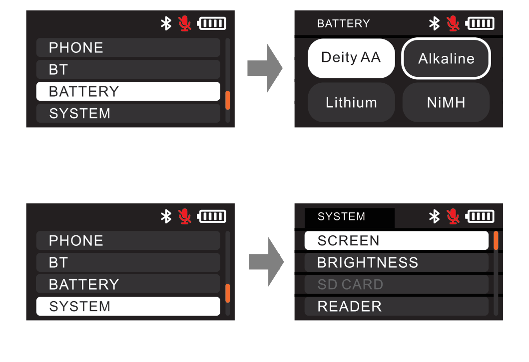 DBTX BATTERY screen with Deity AA, Alkaline, Lithium, NiMH options, and the SYSTEM submenu with SCREEN, BRIGHTNESS, SD CARD, READER