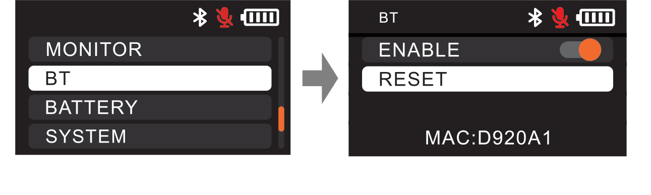 DBTX BT menu item and the BT screen showing an ENABLE toggle, RESET, and the device MAC address