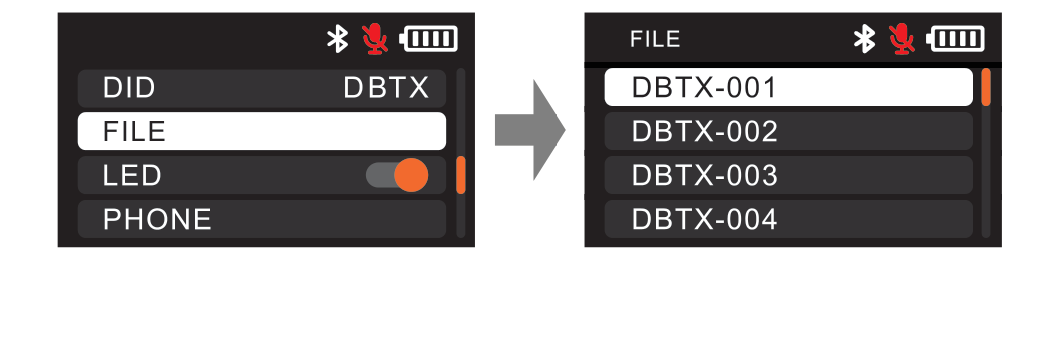 DBTX FILE menu item and the FILE list showing recordings DBTX-001 through DBTX-004