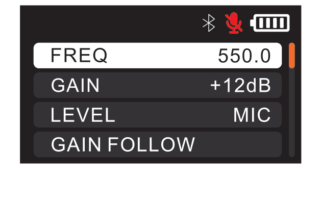 DBTX menu list showing FREQ set to 550.0, GAIN, LEVEL, and GAIN FOLLOW