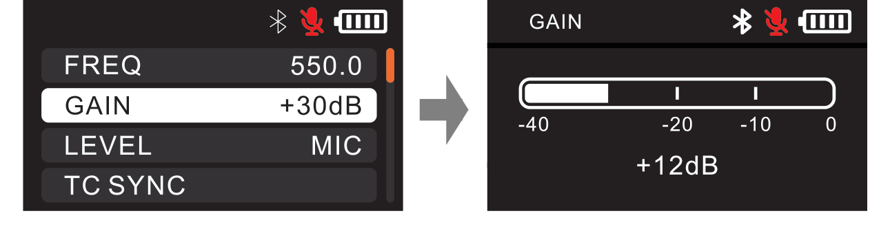 DBTX GAIN highlighted at +30dB, and the GAIN adjustment screen showing +12dB on the meter