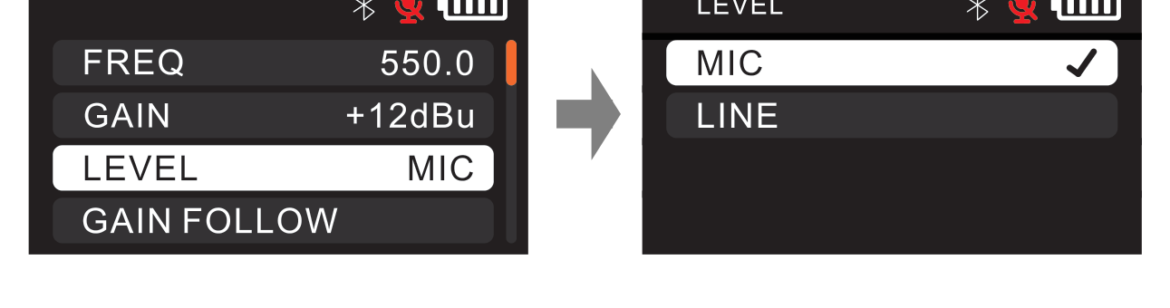DBTX LEVEL menu item and the LEVEL screen showing MIC and LINE options with MIC selected