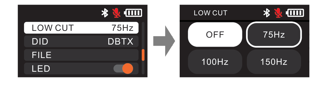 DBTX LOW CUT menu item and the LOW CUT screen showing OFF, 75Hz, 100Hz, and 150Hz options