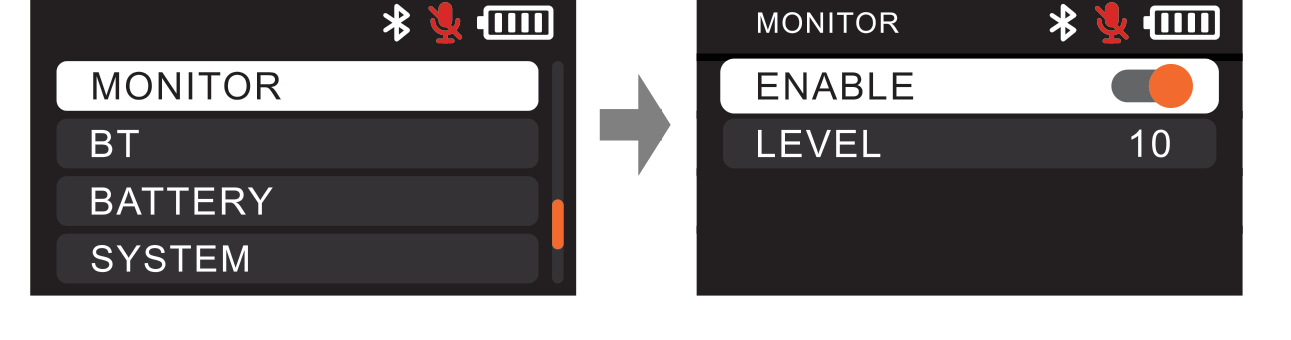 DBTX MONITOR menu item and the MONITOR screen showing an ENABLE toggle and LEVEL set to 10