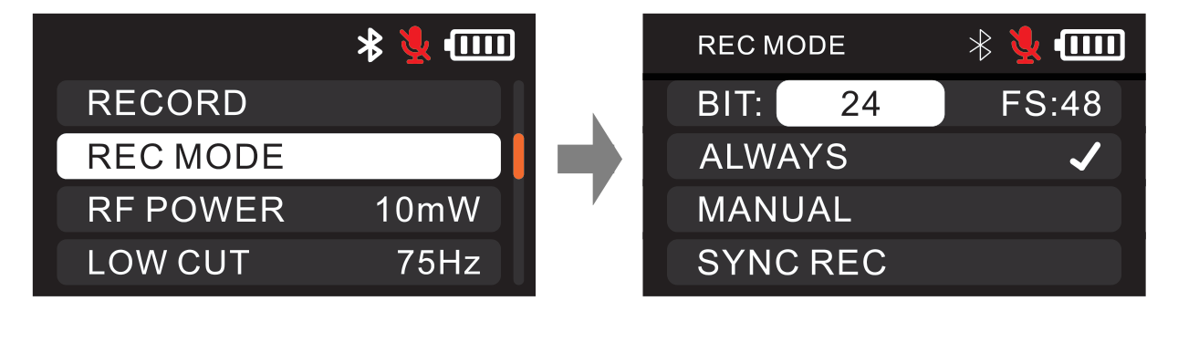 DBTX REC MODE menu item and the REC MODE screen showing BIT 24, FS 48, and ALWAYS, MANUAL, SYNC REC options