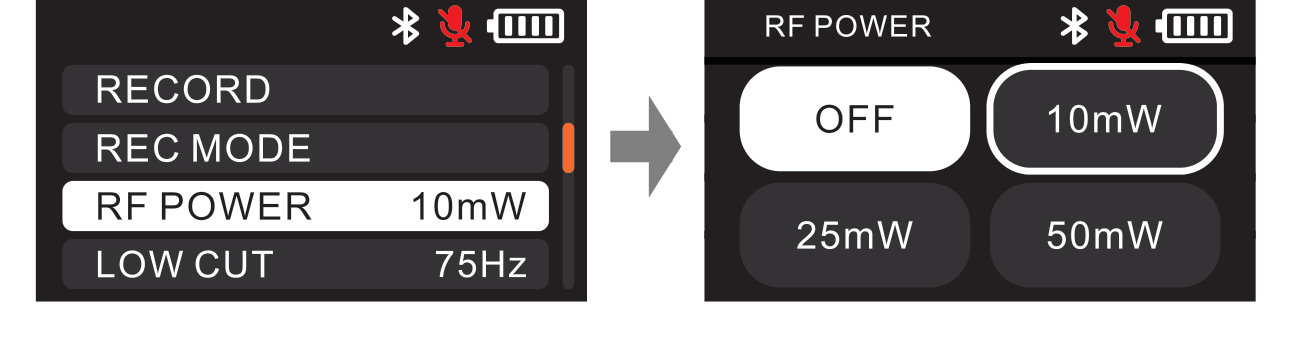 DBTX RF POWER menu item and the RF POWER screen showing OFF, 10mW, 25mW, and 50mW options