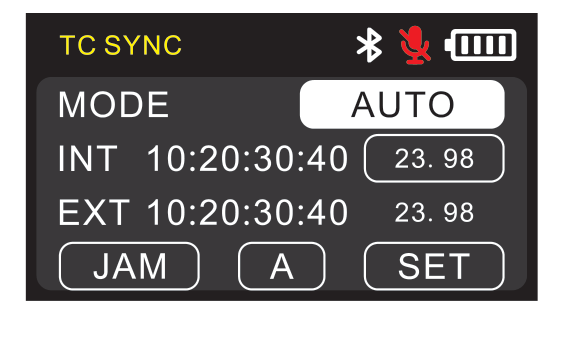 DBTX TC SYNC screen showing MODE AUTO, internal and external timecode, and JAM, group, and SET controls