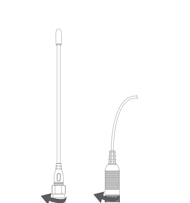 DBTX whip antenna and SMA connector, showing rotate-to-tighten direction
