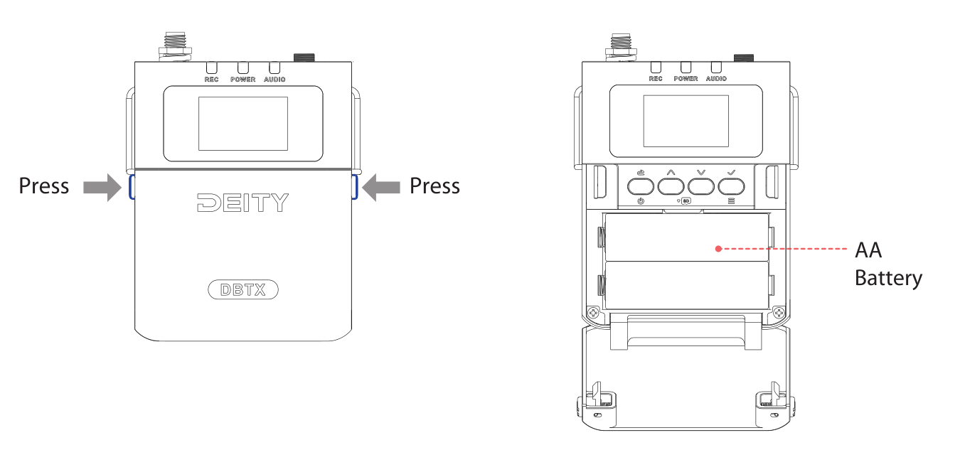 Pressing the lock keys on both sides of the DBTX to open the battery compartment and insert an AA battery