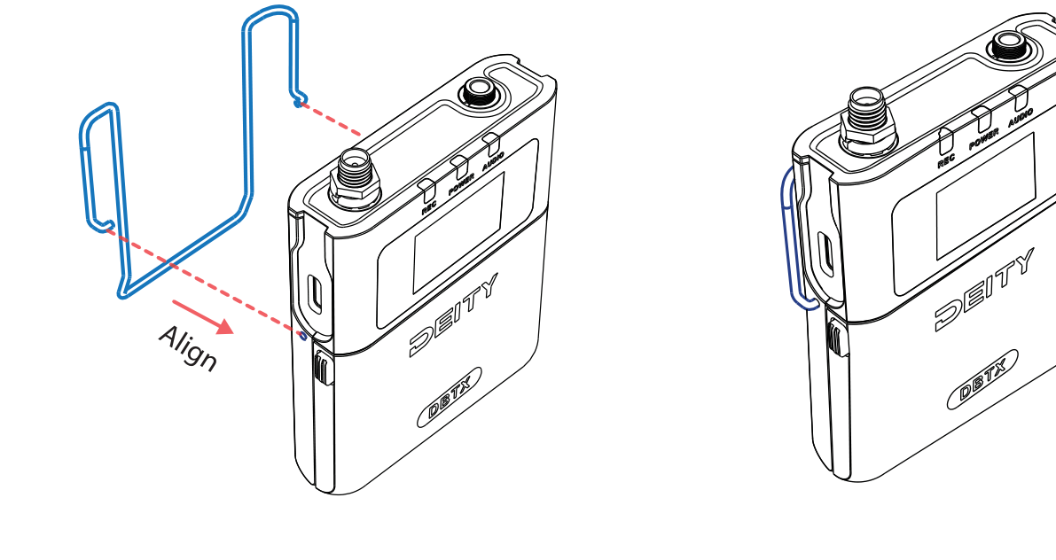 Belt clip aligned with and inserted into the installation holes on both sides of the DBTX