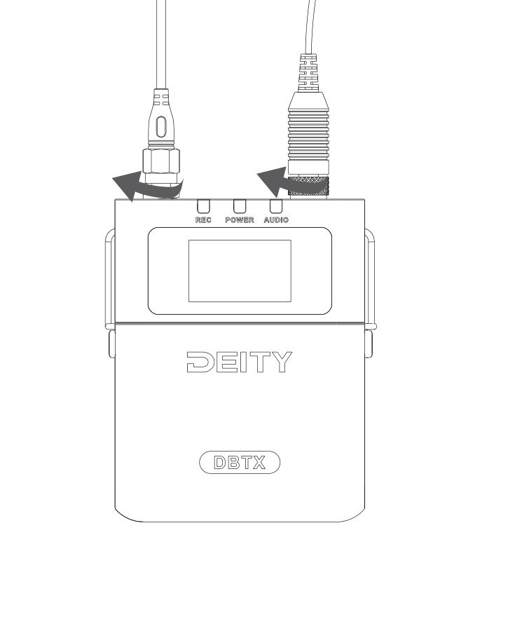 Lavalier microphone connector being screwed into the DBTX 3.5mm TRS input