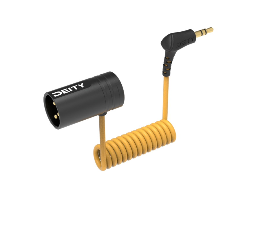 Deity V-Link: right-angle XLR jack with a built-in coiled 3.5mm cable